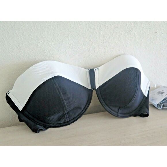 Volcom Sz 14 Simply Solid Rib Bandeau Bikini Top Black White removable straps - Picture 7 of 7